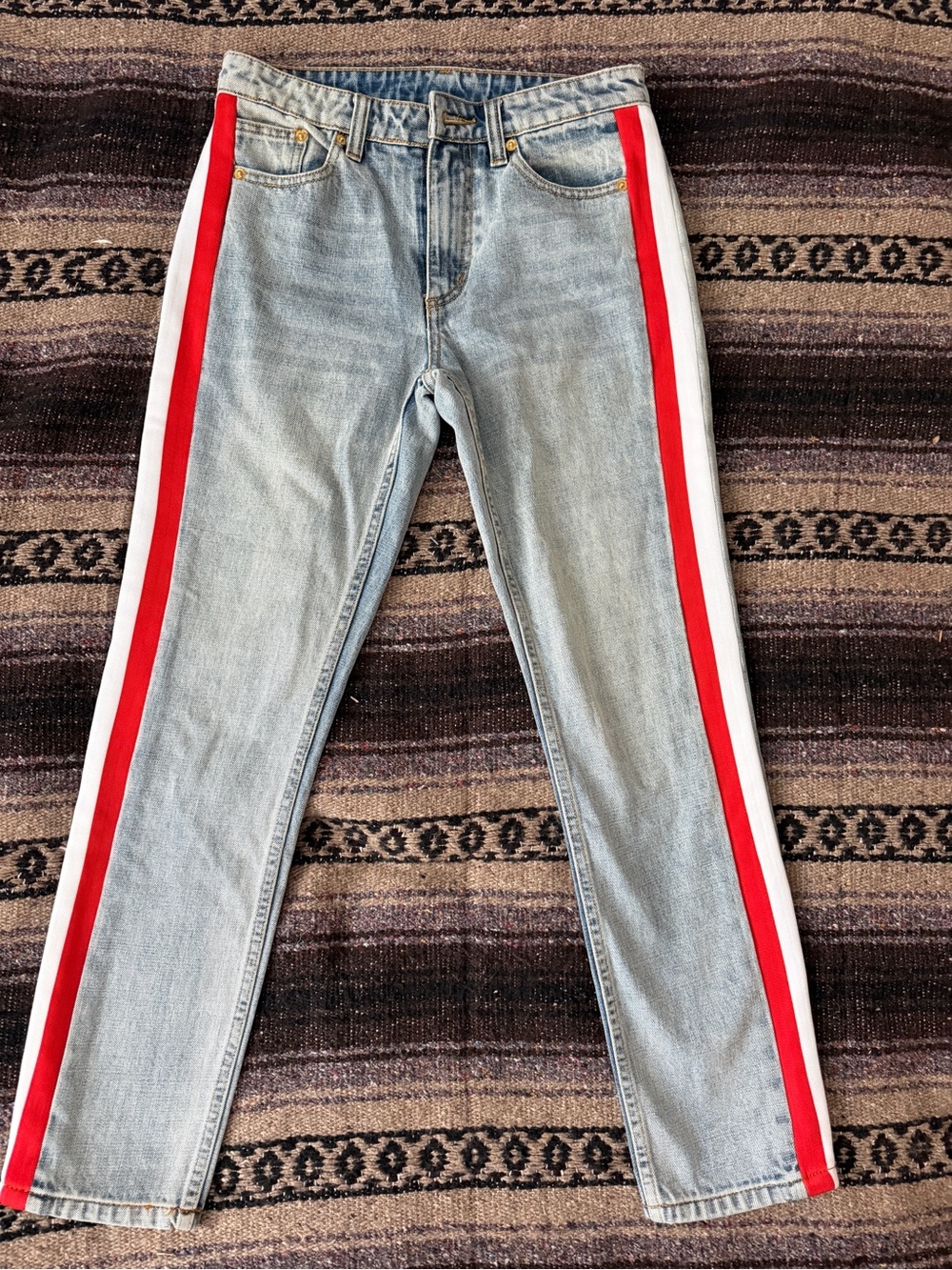 P.E Nation Light Wash Straight Leg Jeans with Red and White Side Stripes